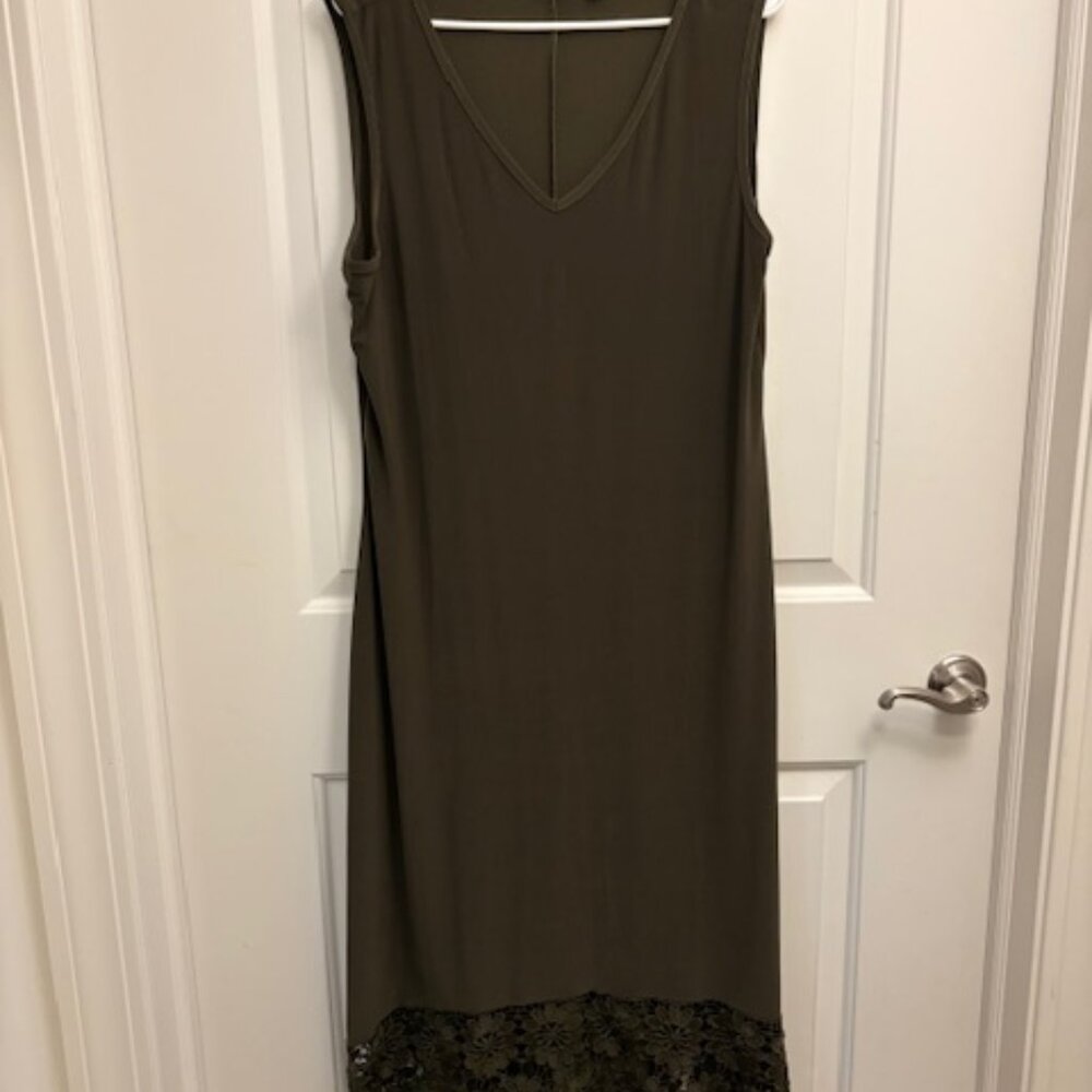 Olive Green Sleeveless Dress with Lace Hem